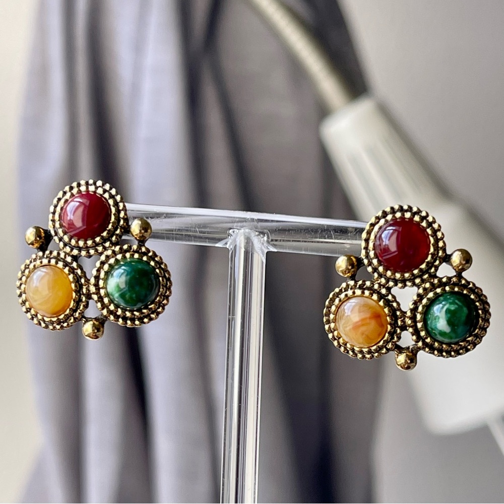 1928 | Vintage | 80's Multi-Colored Cabochon Beads Gold Tone Pierced Earrings